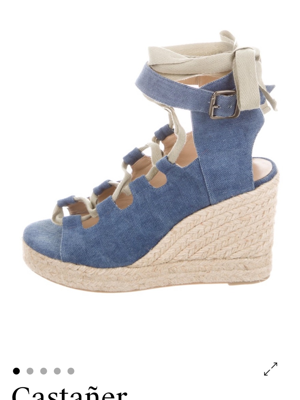Castaner Denim Blue Canvas Espadrille Wedge with Cream Ankle Tie
